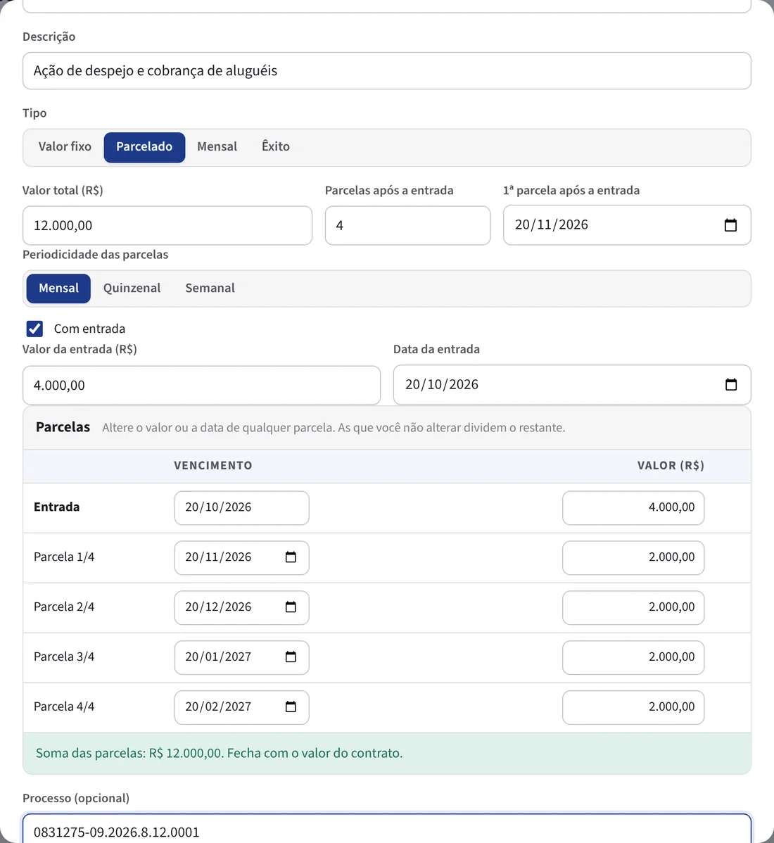 Novo contrato com entrada e parcelas personalizadas