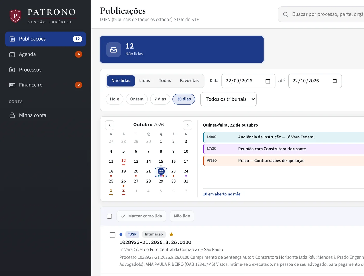Tela de publicações do Patrono: não lidas do dia, calendário com a agenda e lista de intimações